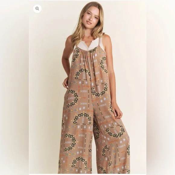 Jade By Jane Boho Aztec Print Wide Leg Sleeveless Jumpsuit in Tan With Pockets - Picture 5 of 10